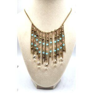 Adjustable Fringe Necklace , Chain, Blue & Crystal Bead Necklace